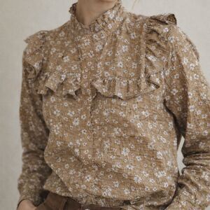 Secular Laboratory Crinkly Brown Ruffle Button-Up Blouse in Brown Size S
